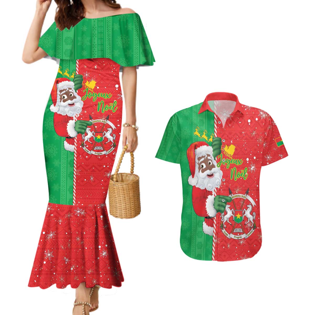 Burkina Faso Christmas Couples Matching Mermaid Dress and Hawaiian Shirt Black Santa Joyeux Noel - Wonder Print Shop