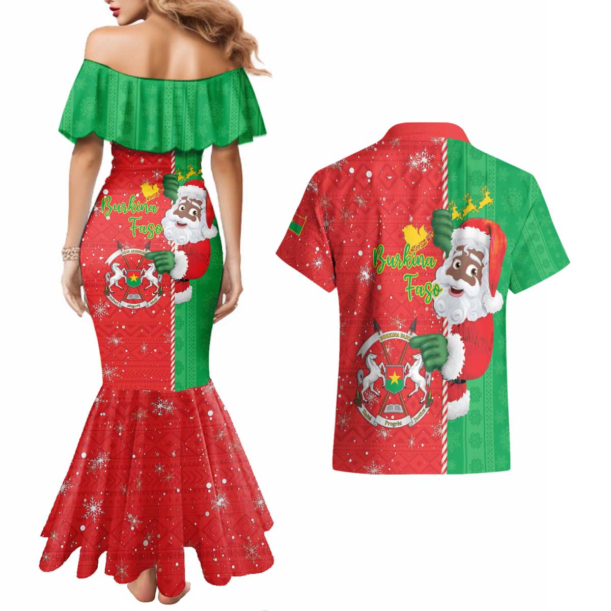 Burkina Faso Christmas Couples Matching Mermaid Dress and Hawaiian Shirt Black Santa Joyeux Noel - Wonder Print Shop