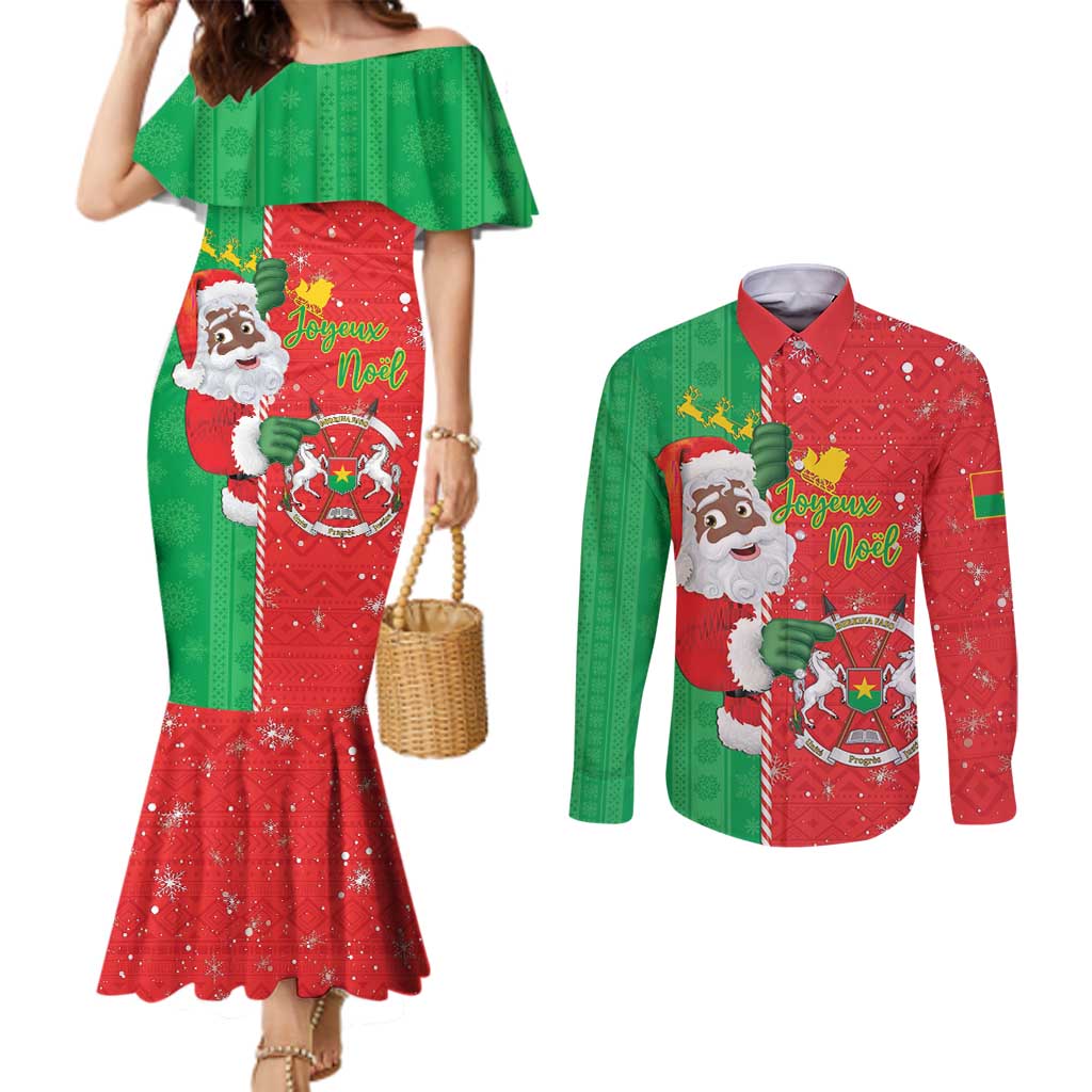 Burkina Faso Christmas Couples Matching Mermaid Dress and Long Sleeve Button Shirt Black Santa Joyeux Noel - Wonder Print Shop