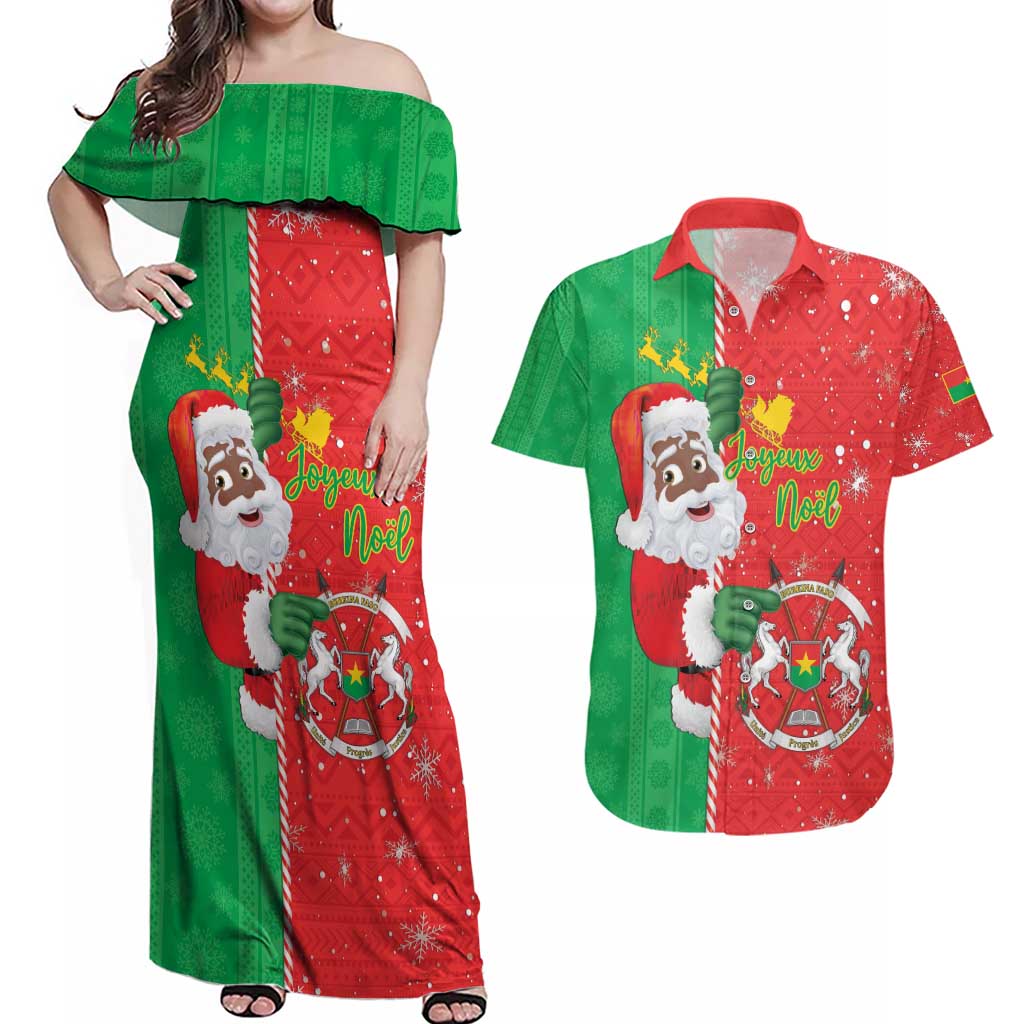 Burkina Faso Christmas Couples Matching Off Shoulder Maxi Dress and Hawaiian Shirt Black Santa Joyeux Noel - Wonder Print Shop