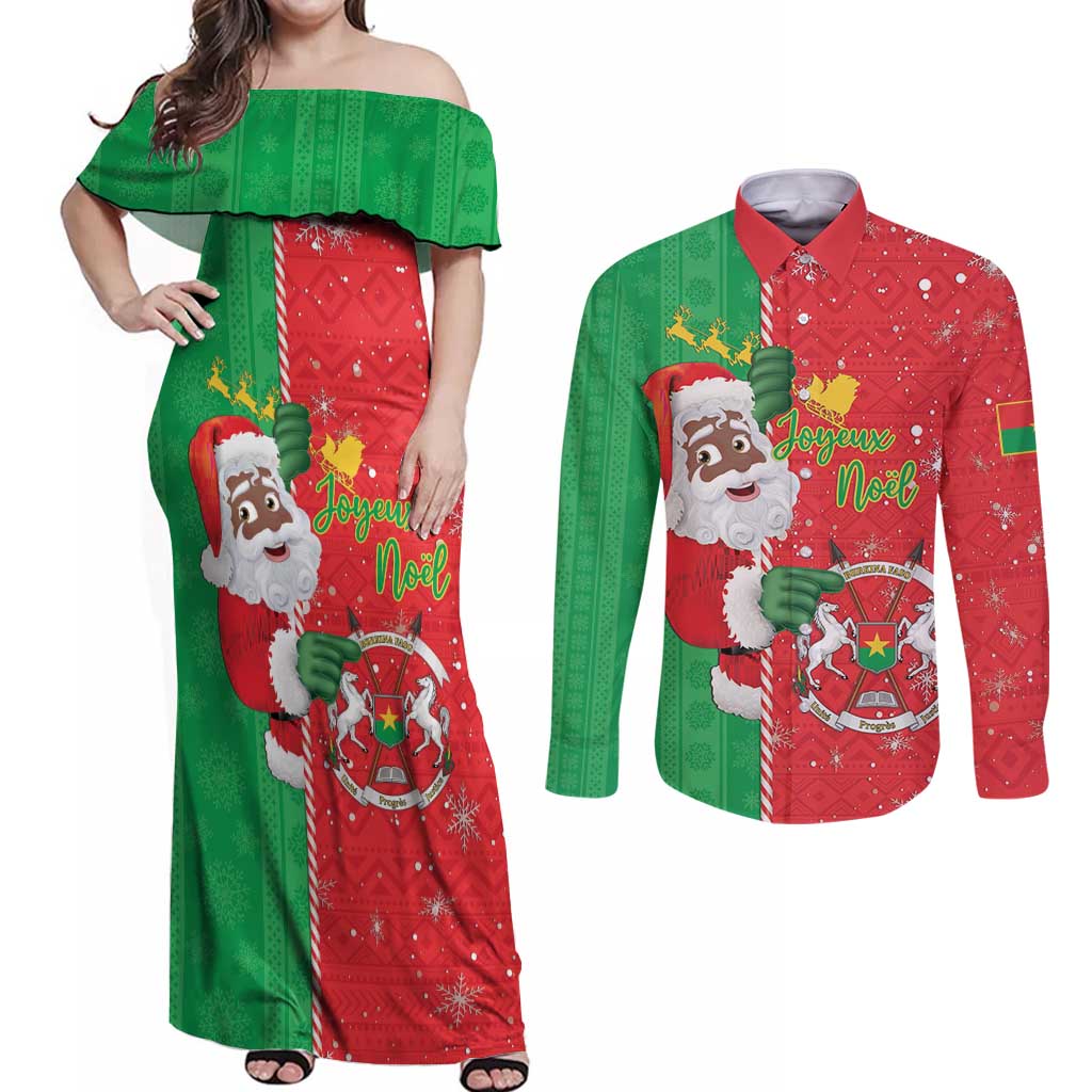 Burkina Faso Christmas Couples Matching Off Shoulder Maxi Dress and Long Sleeve Button Shirt Black Santa Joyeux Noel - Wonder Print Shop