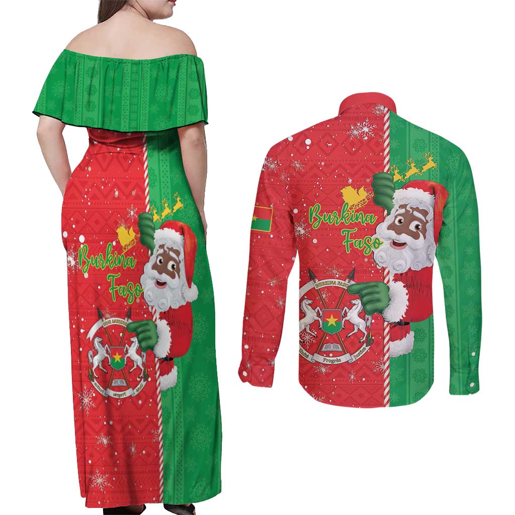 Burkina Faso Christmas Couples Matching Off Shoulder Maxi Dress and Long Sleeve Button Shirt Black Santa Joyeux Noel - Wonder Print Shop