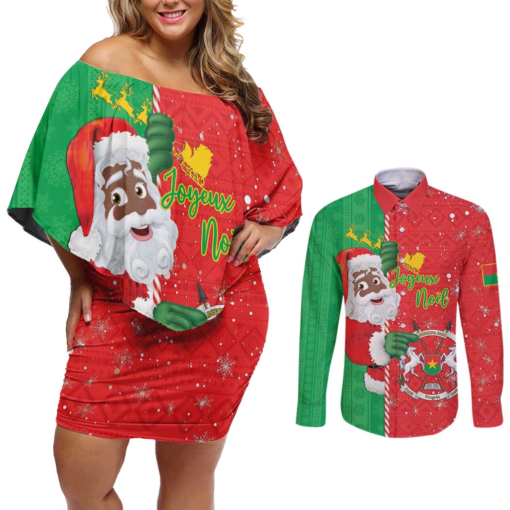 Burkina Faso Christmas Couples Matching Off Shoulder Short Dress and Long Sleeve Button Shirt Black Santa Joyeux Noel - Wonder Print Shop