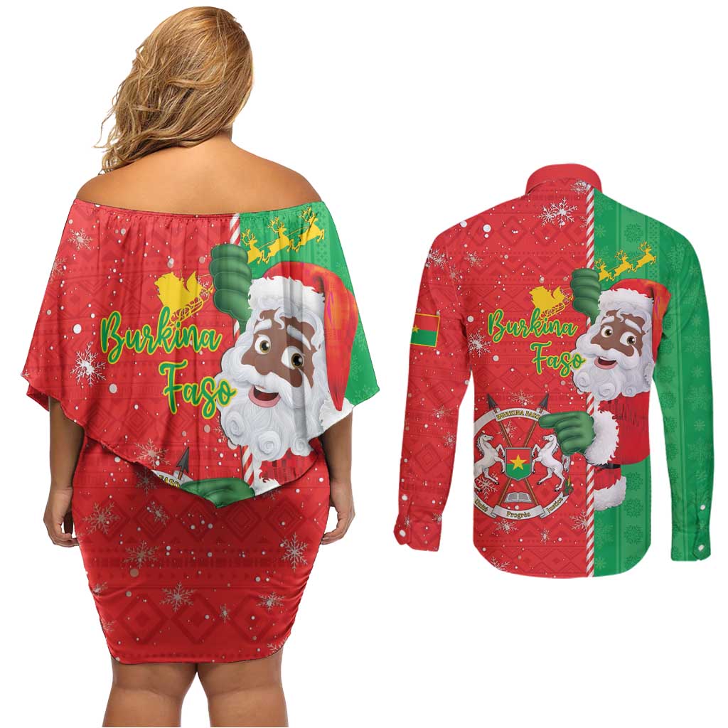 Burkina Faso Christmas Couples Matching Off Shoulder Short Dress and Long Sleeve Button Shirt Black Santa Joyeux Noel - Wonder Print Shop