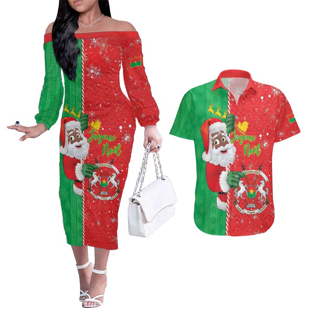 Burkina Faso Christmas Couples Matching Off The Shoulder Long Sleeve Dress and Hawaiian Shirt Black Santa Joyeux Noel - Wonder Print Shop