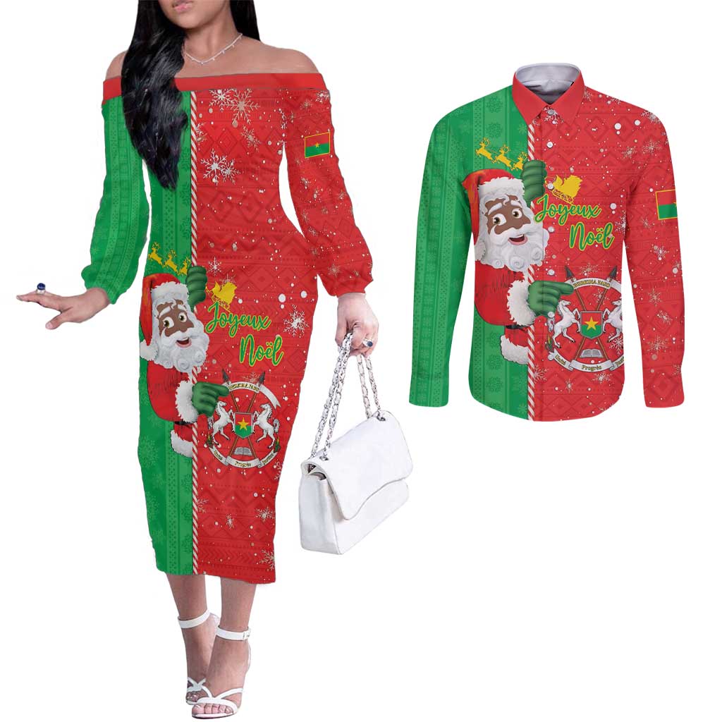 Burkina Faso Christmas Couples Matching Off The Shoulder Long Sleeve Dress and Long Sleeve Button Shirt Black Santa Joyeux Noel - Wonder Print Shop