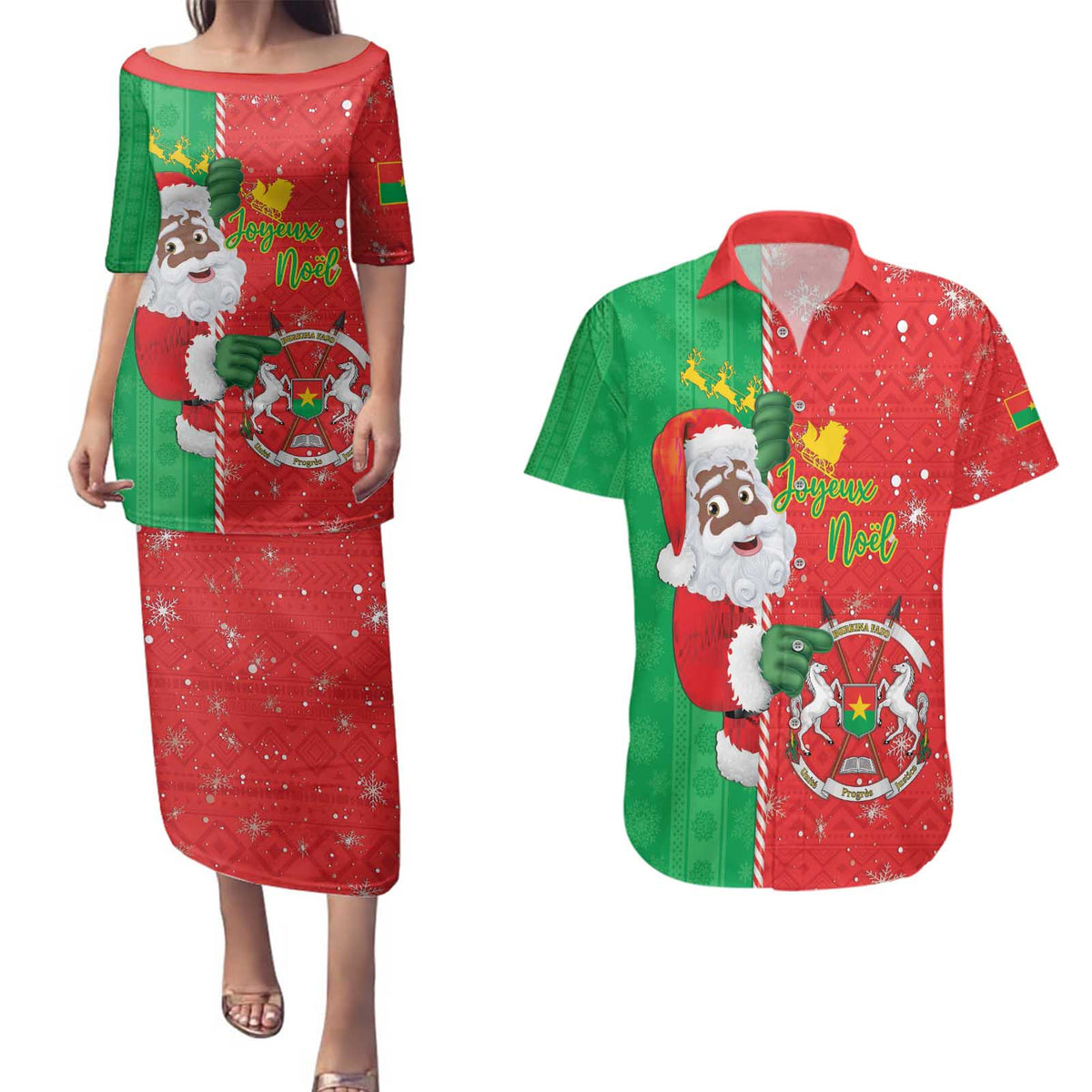 Burkina Faso Christmas Couples Matching Puletasi and Hawaiian Shirt Black Santa Joyeux Noel - Wonder Print Shop