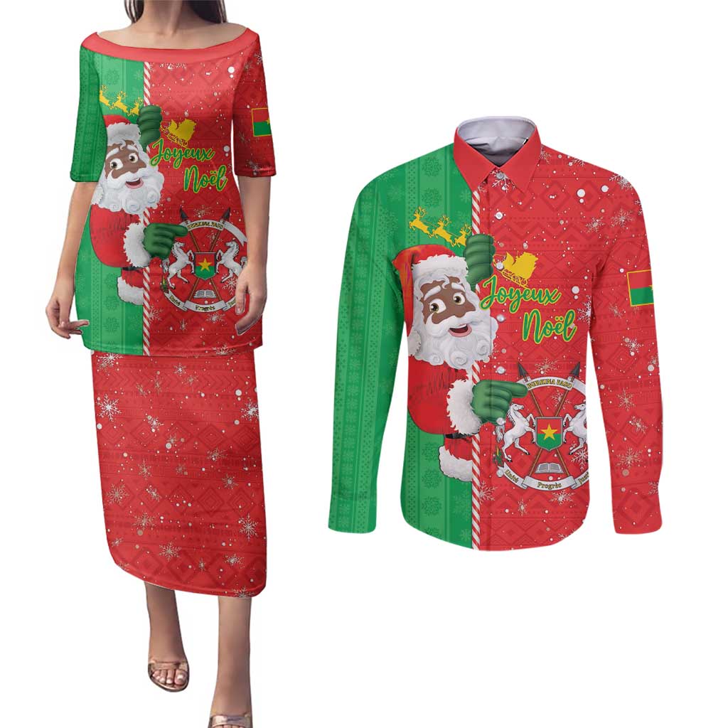 Burkina Faso Christmas Couples Matching Puletasi and Long Sleeve Button Shirt Black Santa Joyeux Noel - Wonder Print Shop
