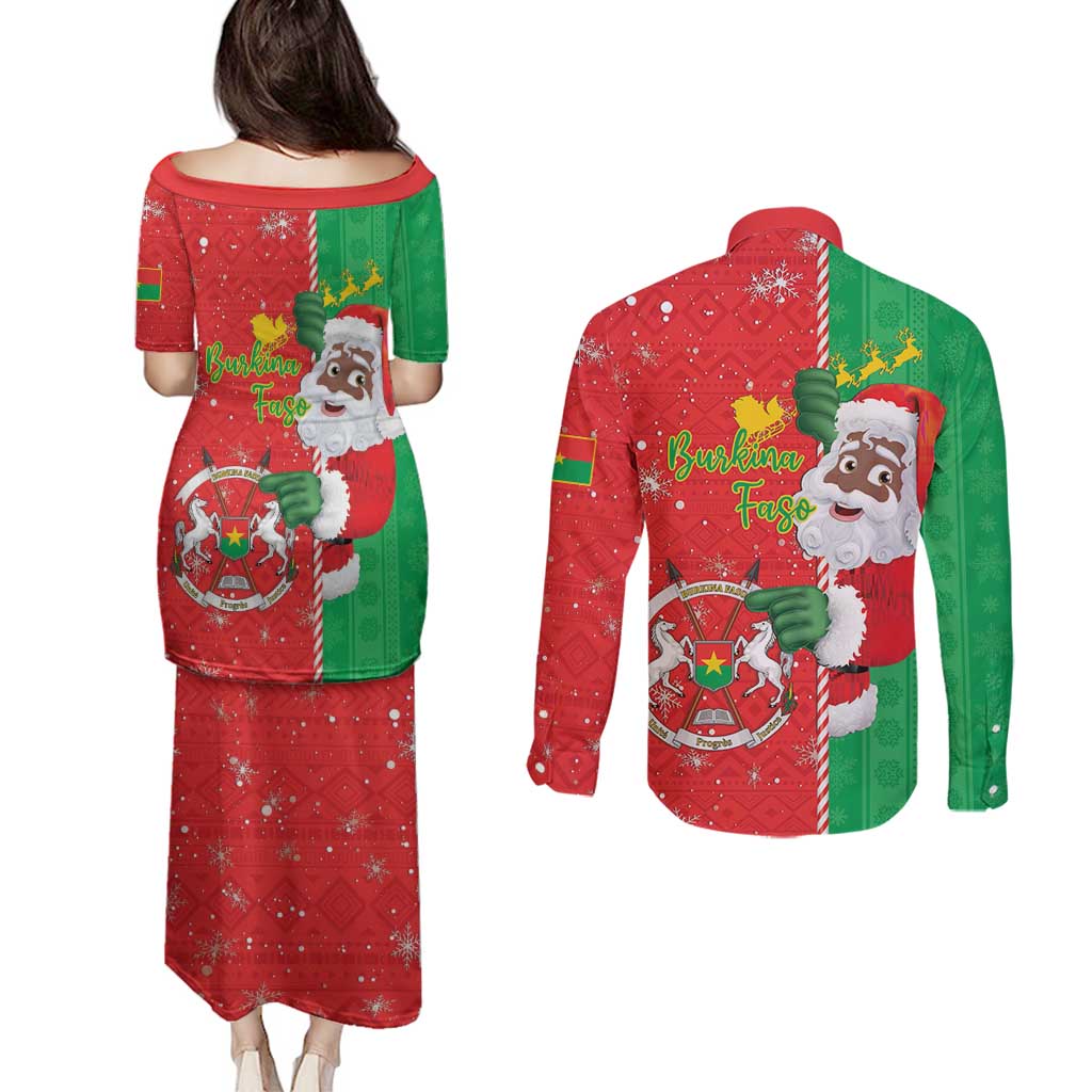 Burkina Faso Christmas Couples Matching Puletasi and Long Sleeve Button Shirt Black Santa Joyeux Noel - Wonder Print Shop