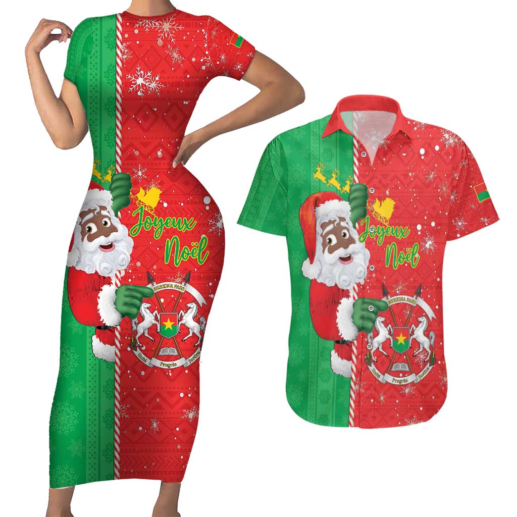 Burkina Faso Christmas Couples Matching Short Sleeve Bodycon Dress and Hawaiian Shirt Black Santa Joyeux Noel - Wonder Print Shop