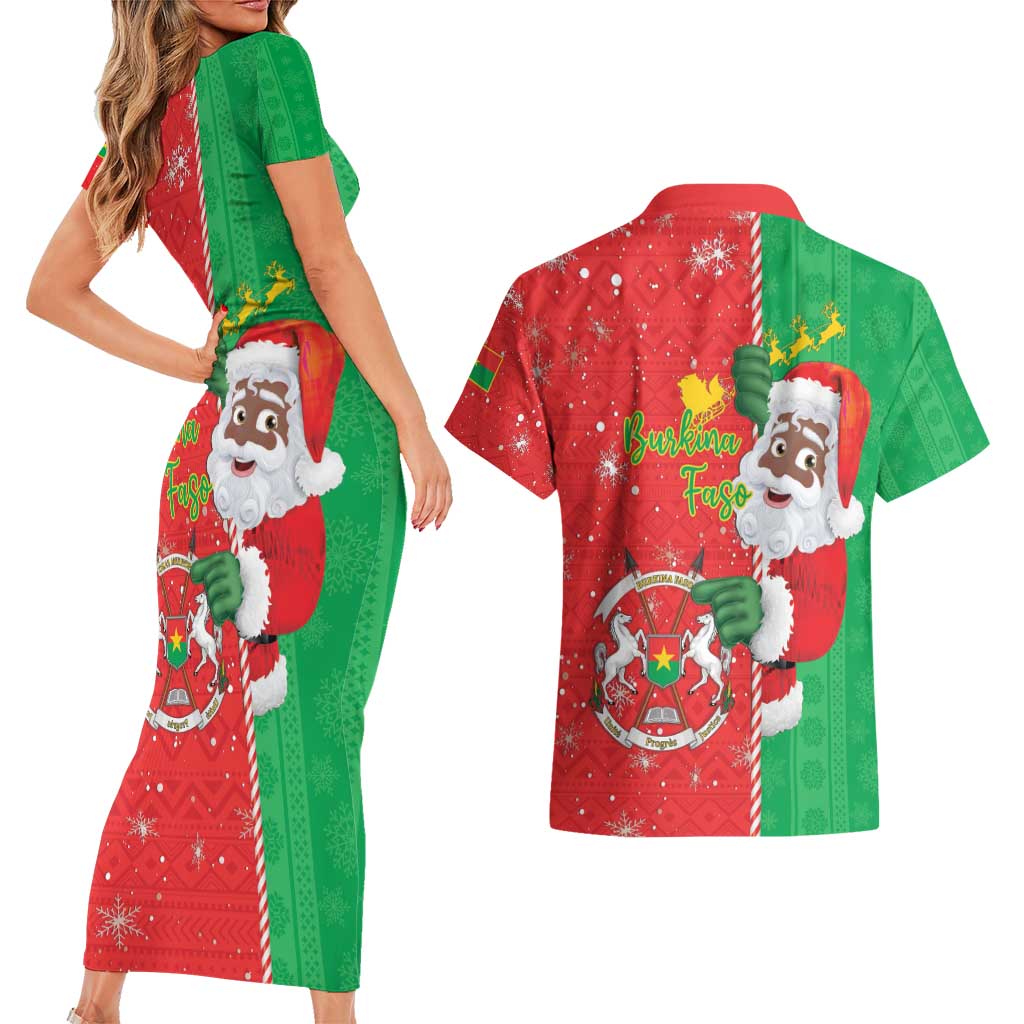 Burkina Faso Christmas Couples Matching Short Sleeve Bodycon Dress and Hawaiian Shirt Black Santa Joyeux Noel - Wonder Print Shop