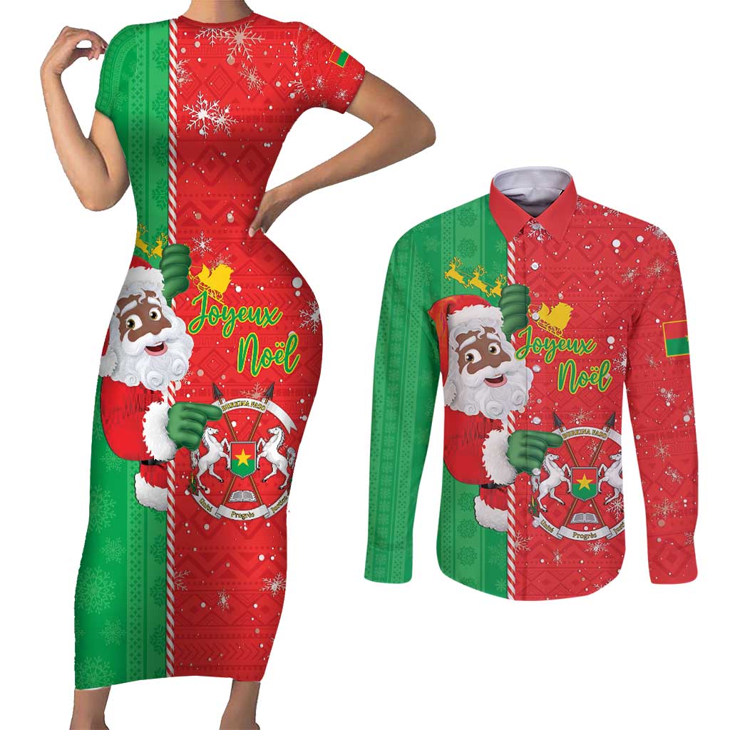 Burkina Faso Christmas Couples Matching Short Sleeve Bodycon Dress and Long Sleeve Button Shirt Black Santa Joyeux Noel - Wonder Print Shop