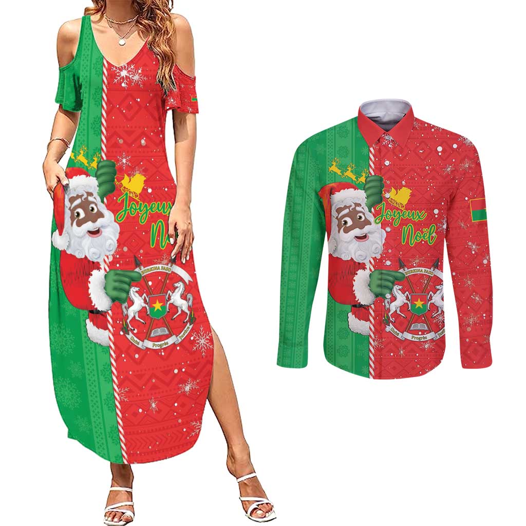 Burkina Faso Christmas Couples Matching Summer Maxi Dress and Long Sleeve Button Shirt Black Santa Joyeux Noel - Wonder Print Shop