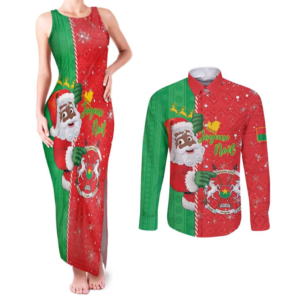 Burkina Faso Christmas Couples Matching Tank Maxi Dress and Long Sleeve Button Shirt Black Santa Joyeux Noel - Wonder Print Shop