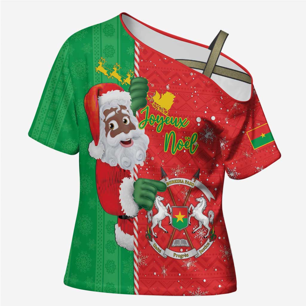 Burkina Faso Christmas Cross Shoulder Shirt Black Santa Joyeux Noel - Wonder Print Shop