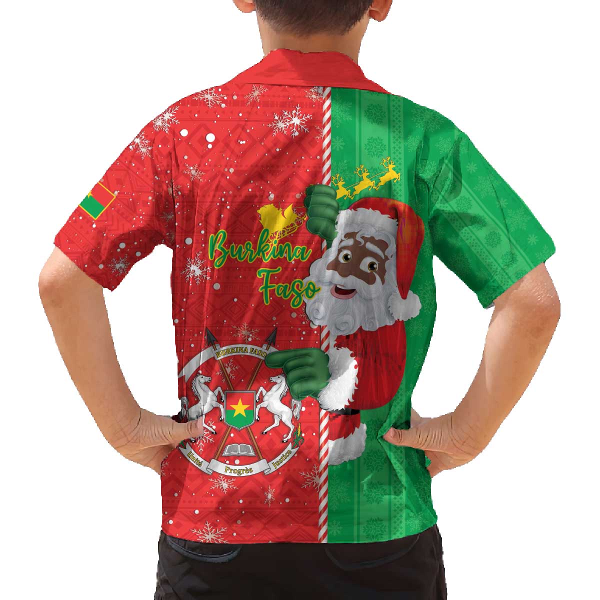 Burkina Faso Christmas Family Matching Off The Shoulder Long Sleeve Dress and Hawaiian Shirt Black Santa Joyeux Noel - Wonder Print Shop