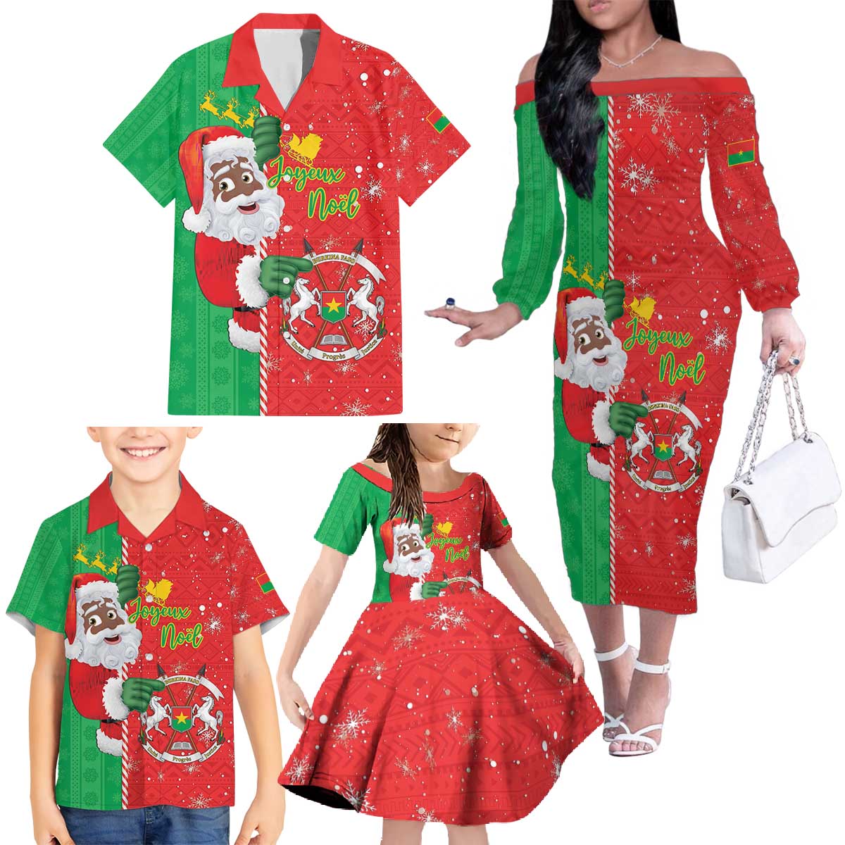 Burkina Faso Christmas Family Matching Off The Shoulder Long Sleeve Dress and Hawaiian Shirt Black Santa Joyeux Noel - Wonder Print Shop