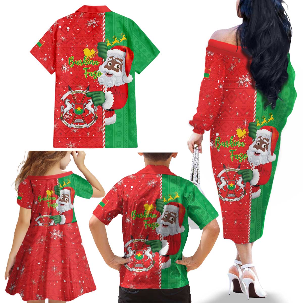 Burkina Faso Christmas Family Matching Off The Shoulder Long Sleeve Dress and Hawaiian Shirt Black Santa Joyeux Noel - Wonder Print Shop