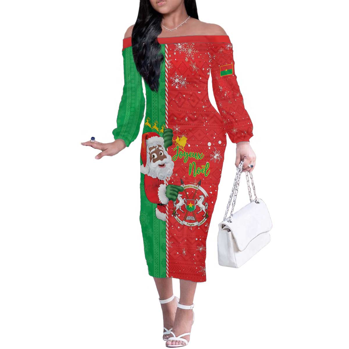 Burkina Faso Christmas Family Matching Off The Shoulder Long Sleeve Dress and Hawaiian Shirt Black Santa Joyeux Noel - Wonder Print Shop