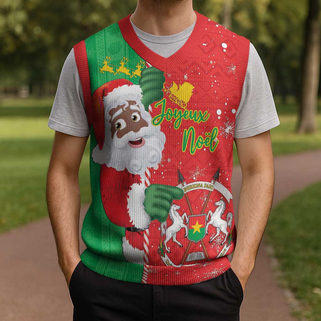 Burkina Faso Christmas Knitted V-Neck Vest Black Santa Joyeux Noel - Wonder Print Shop