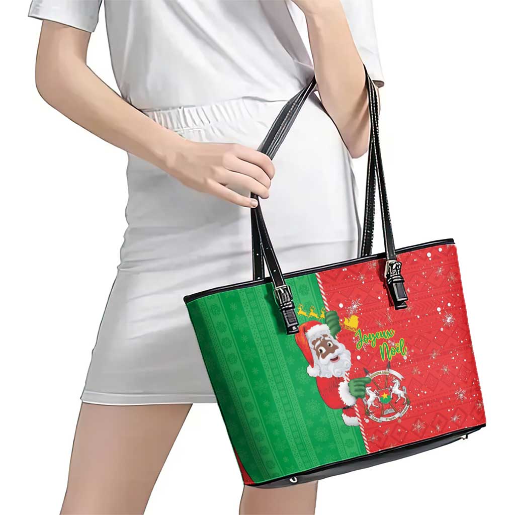 Burkina Faso Christmas Leather Tote Bag Black Santa Joyeux Noel - Wonder Print Shop
