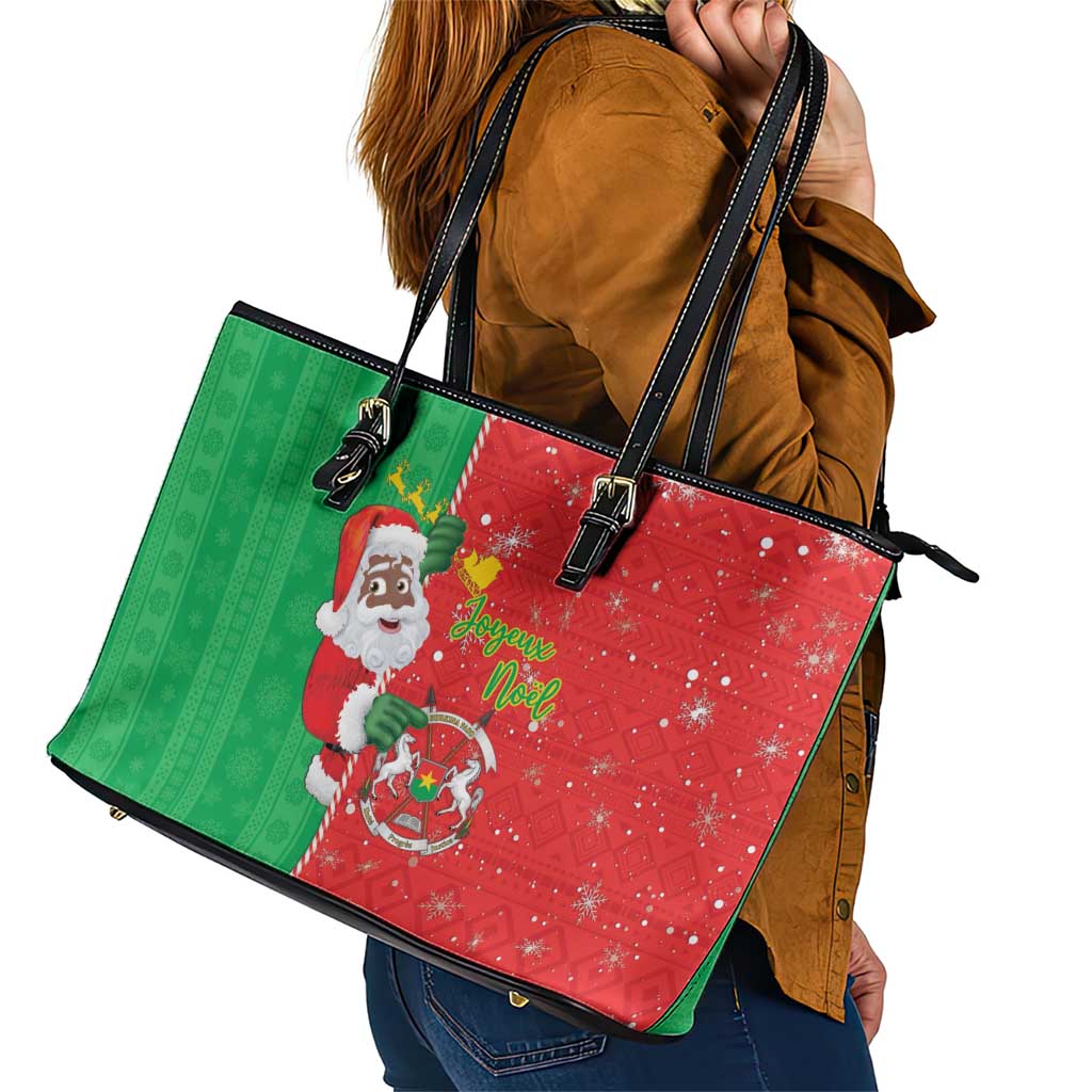 Burkina Faso Christmas Leather Tote Bag Black Santa Joyeux Noel - Wonder Print Shop