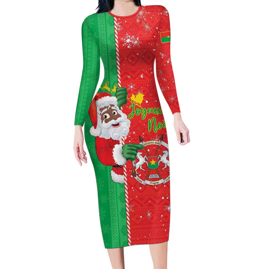Burkina Faso Christmas Long Sleeve Bodycon Dress Black Santa Joyeux Noel - Wonder Print Shop