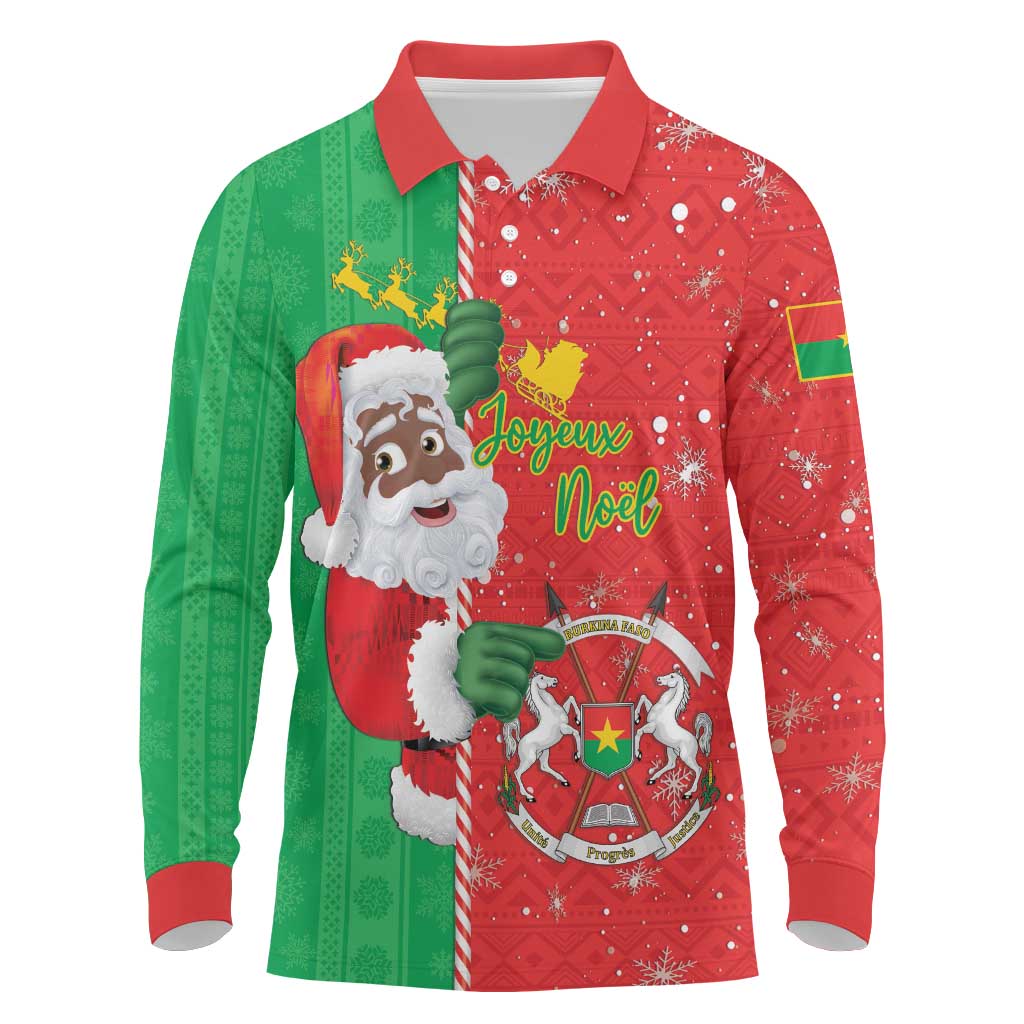 Burkina Faso Christmas Long Sleeve Polo Shirt Black Santa Joyeux Noel - Wonder Print Shop