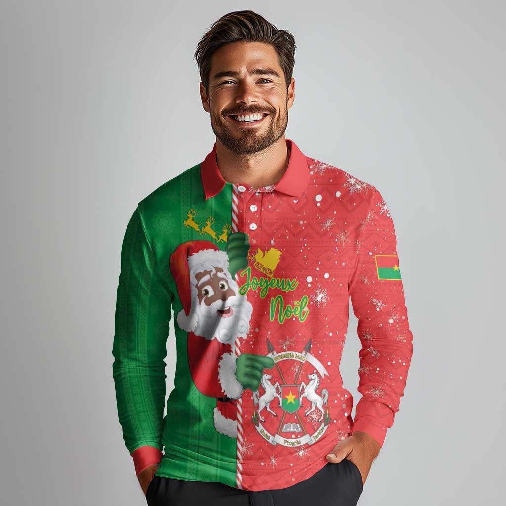 Burkina Faso Christmas Long Sleeve Polo Shirt Black Santa Joyeux Noel - Wonder Print Shop