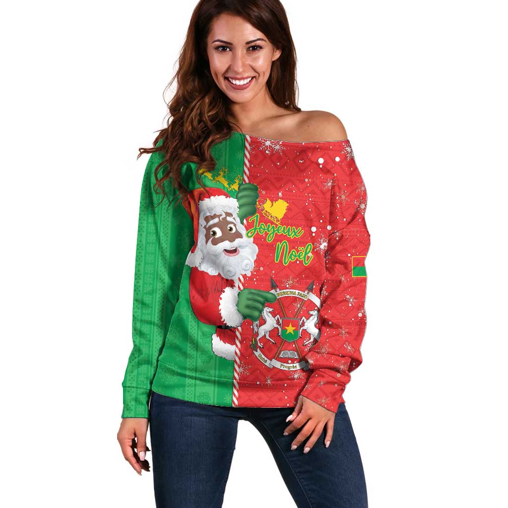 Burkina Faso Christmas Off Shoulder Sweater Black Santa Joyeux Noel - Wonder Print Shop