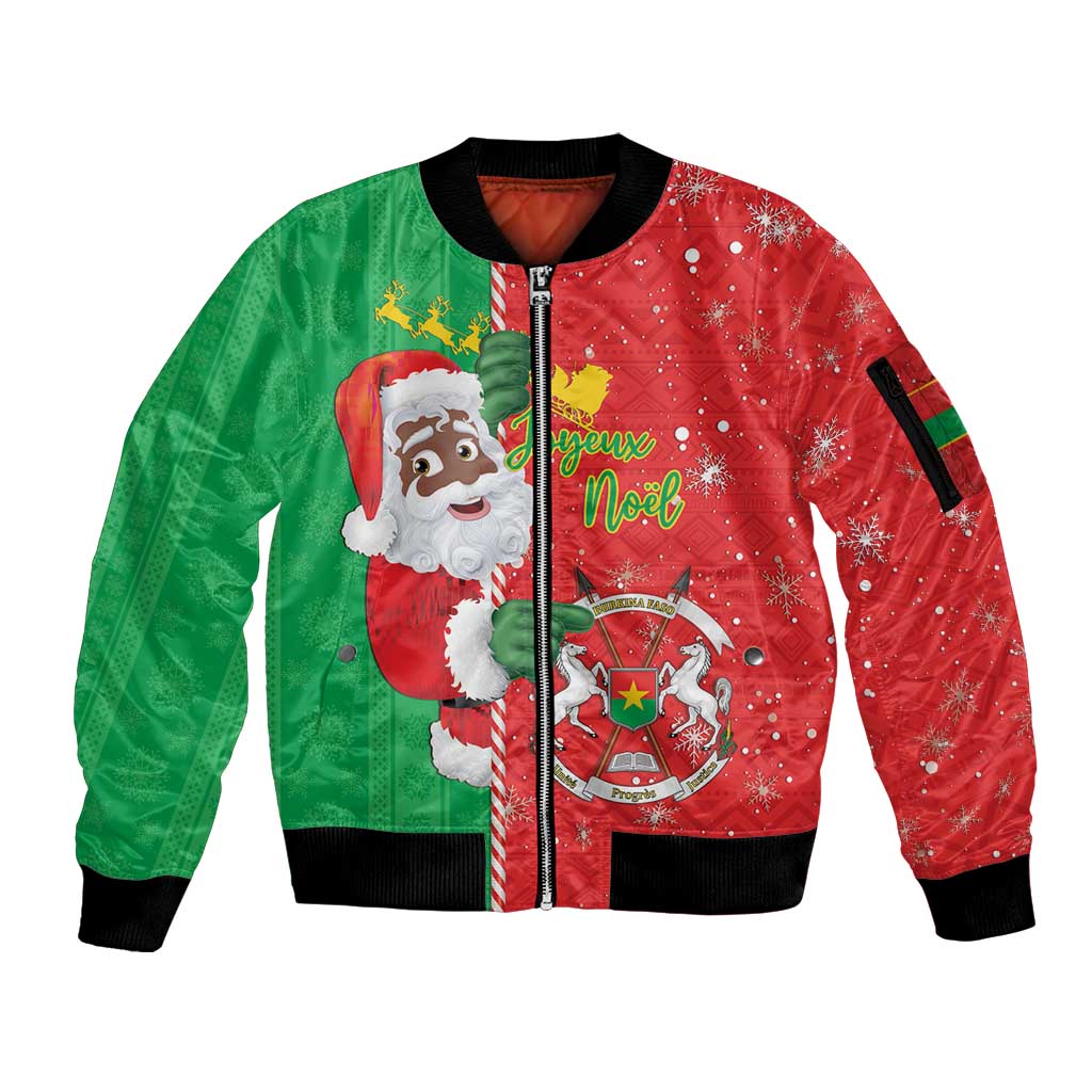 Burkina Faso Christmas Sleeve Zip Bomber Jacket Black Santa Joyeux Noel - Wonder Print Shop