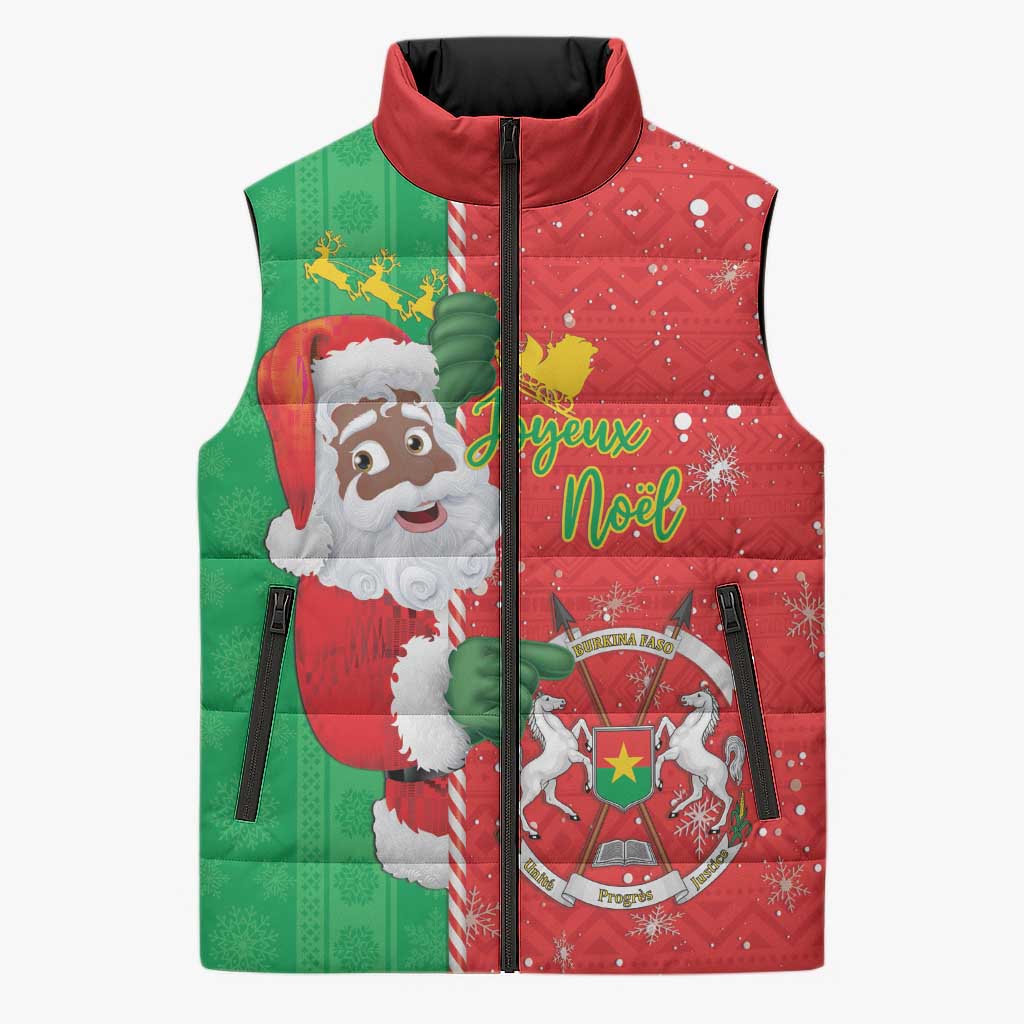 Burkina Faso Christmas Sleeveless Puffer Jacket Black Santa Joyeux Noel - Wonder Print Shop