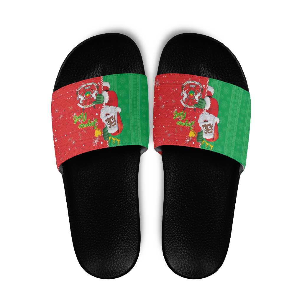 Burkina Faso Christmas Slide Sandals Black Santa Joyeux Noel - Wonder Print Shop