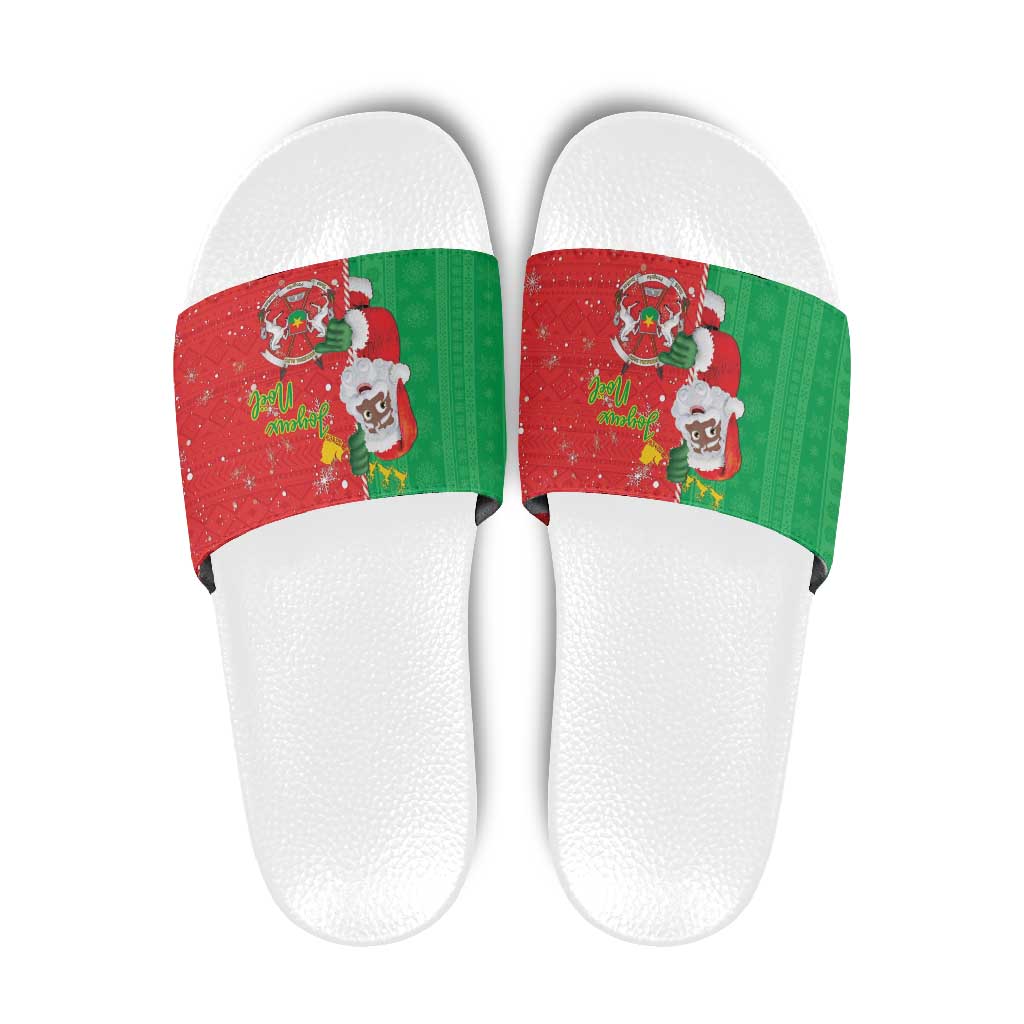 Burkina Faso Christmas Slide Sandals Black Santa Joyeux Noel - Wonder Print Shop