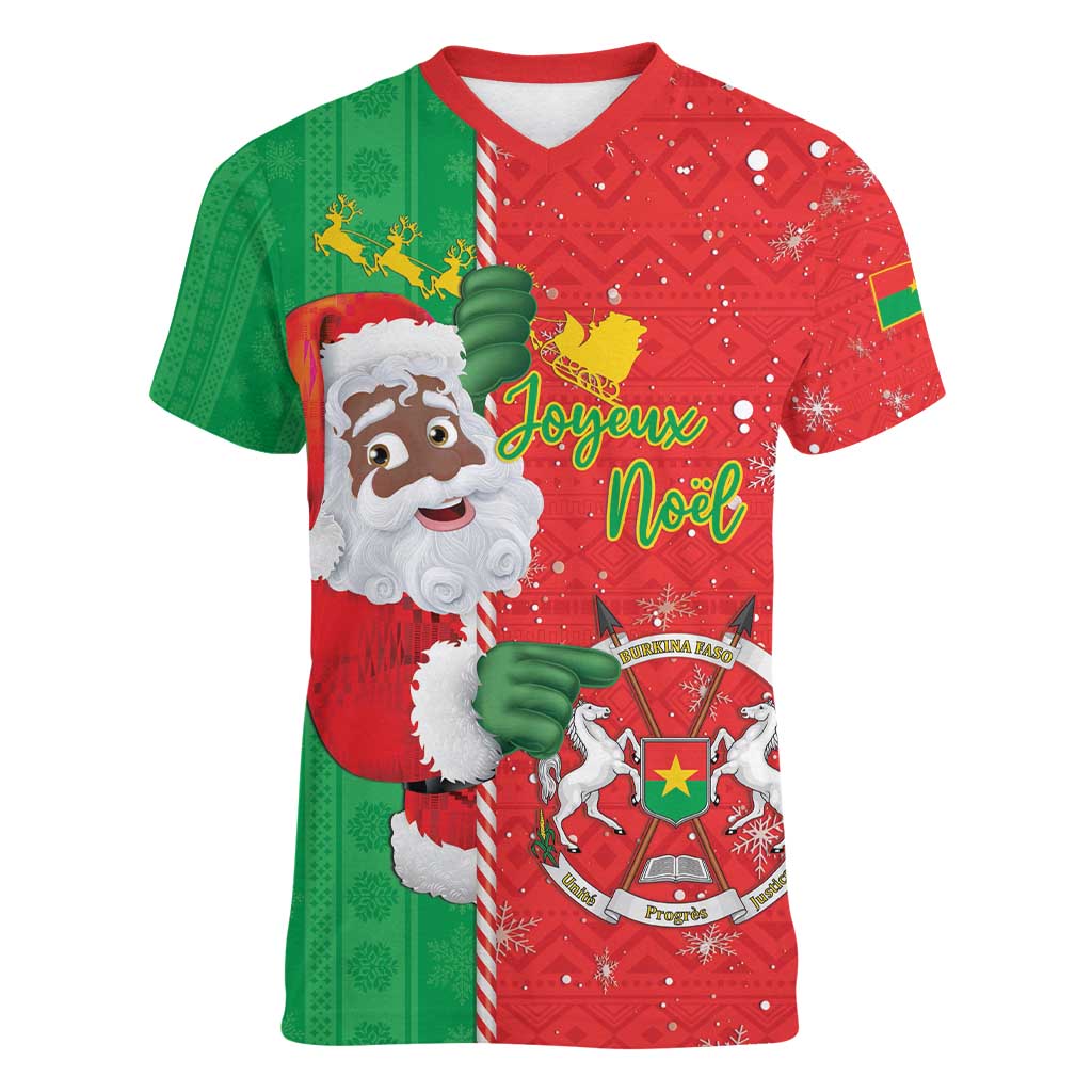Burkina Faso Christmas Women V-Neck T-Shirt Black Santa Joyeux Noel - Wonder Print Shop