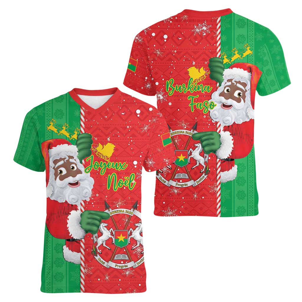 Burkina Faso Christmas Women V-Neck T-Shirt Black Santa Joyeux Noel - Wonder Print Shop