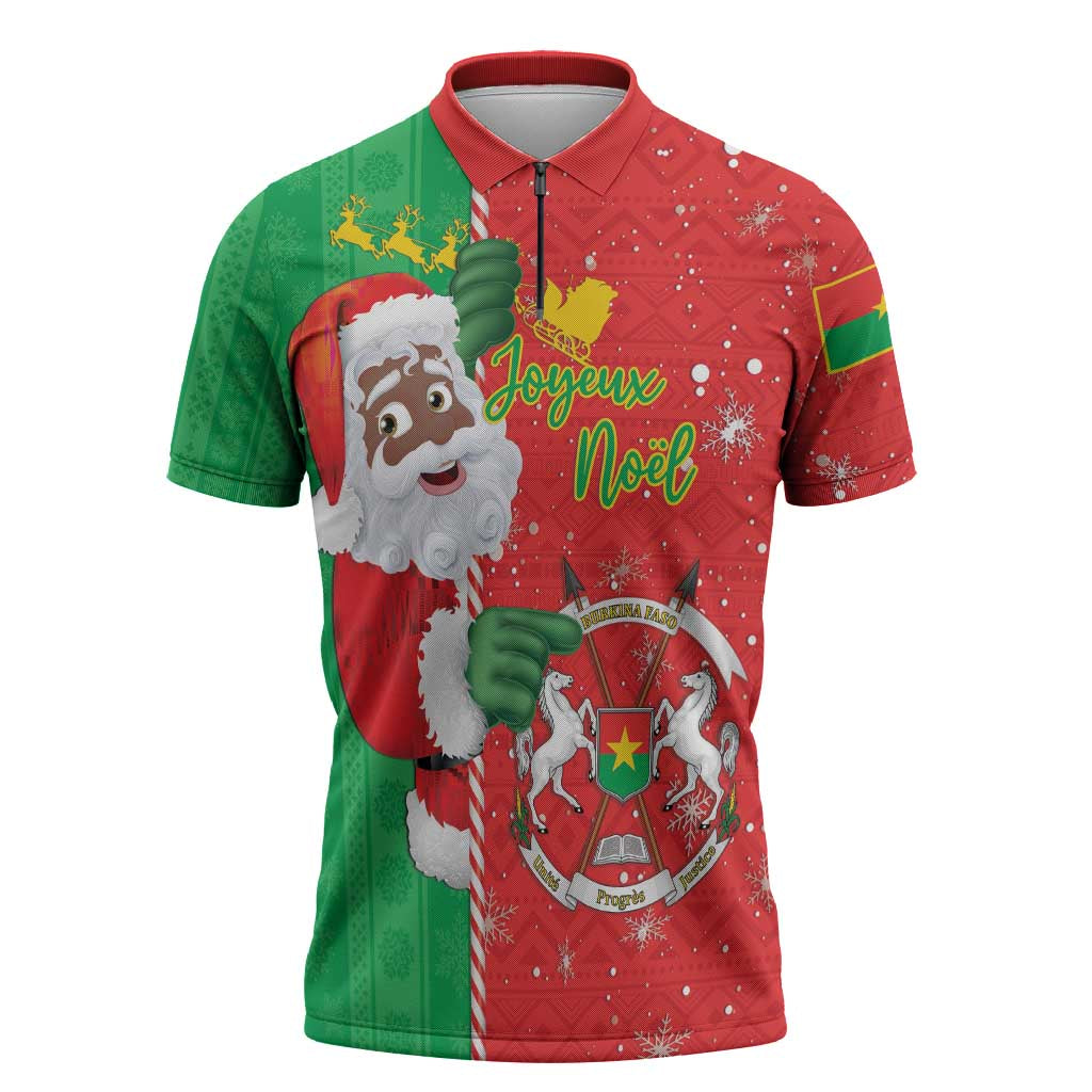Burkina Faso Christmas Zipper Polo Shirt Black Santa Joyeux Noel - Wonder Print Shop
