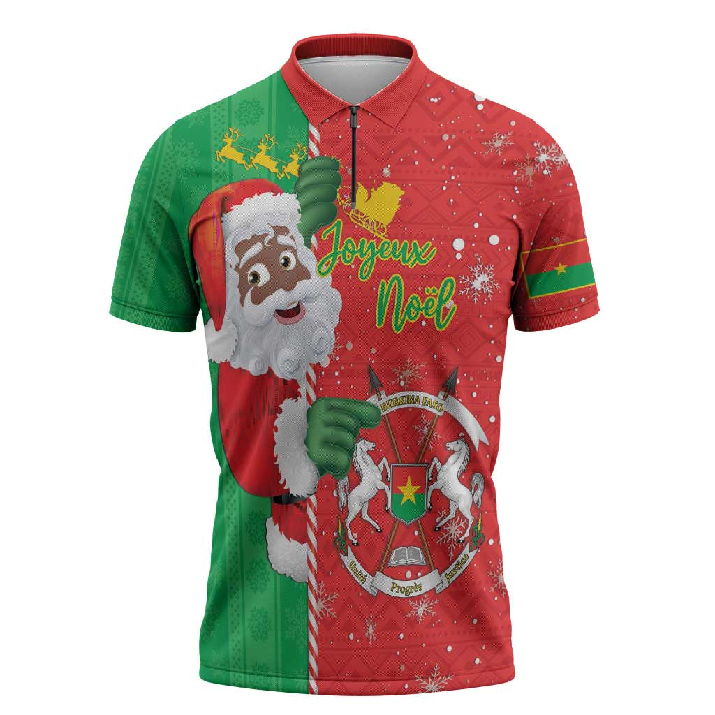 Burkina Faso Christmas Zipper Polo Shirt Black Santa Joyeux Noel - Wonder Print Shop