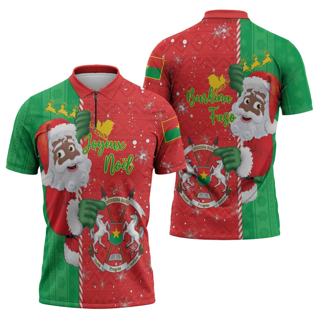 Burkina Faso Christmas Zipper Polo Shirt Black Santa Joyeux Noel - Wonder Print Shop