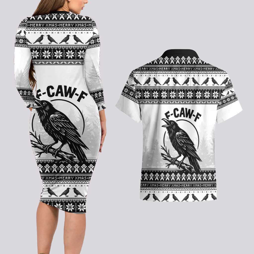 Funny Christmas F Caw F Raven Couples Matching Long Sleeve Bodycon Dress and Hawaiian Shirt Merry Craw Mas - Wonder Print Shop