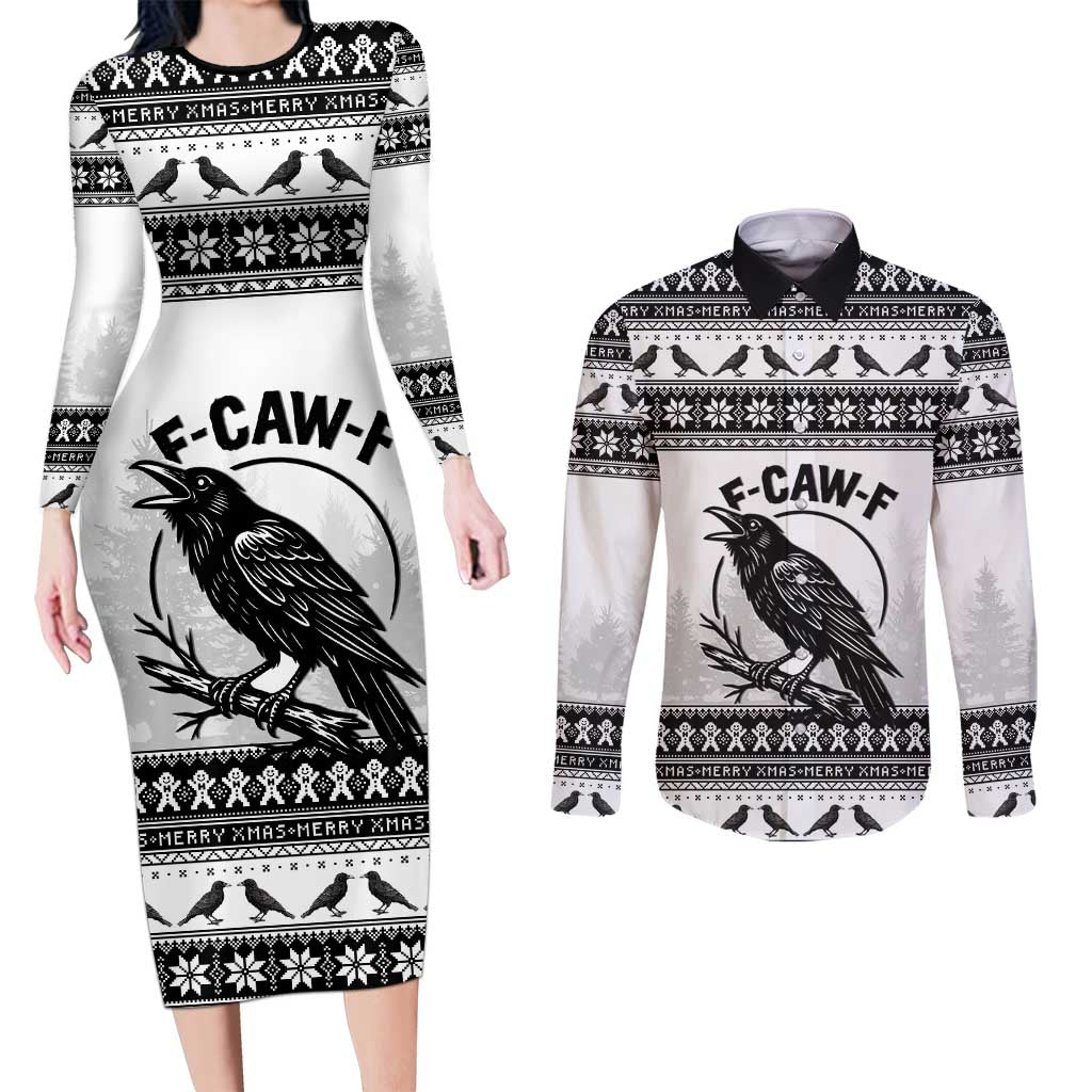 Funny Christmas F Caw F Raven Couples Matching Long Sleeve Bodycon Dress and Long Sleeve Button Shirt Merry Craw Mas - Wonder Print Shop