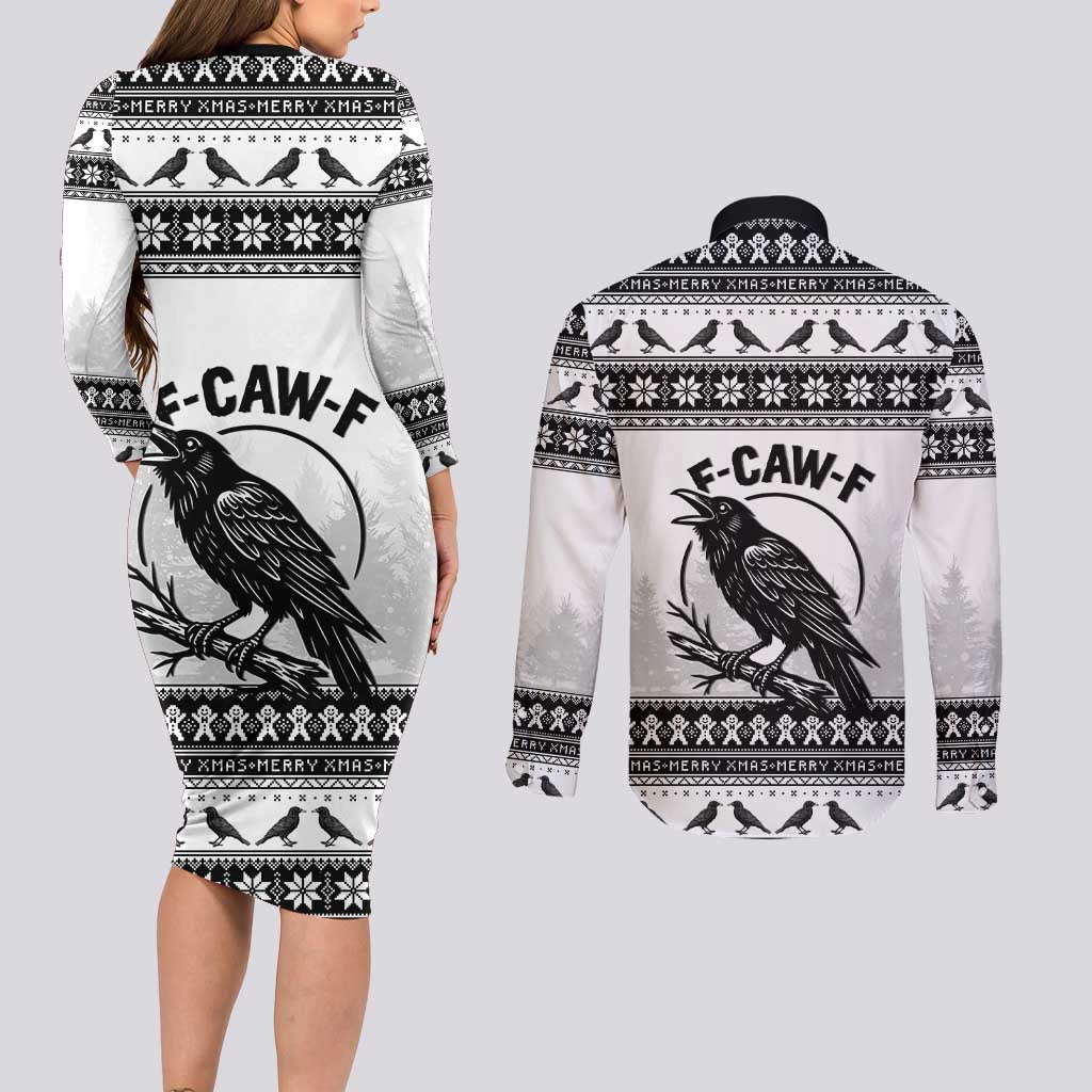 Funny Christmas F Caw F Raven Couples Matching Long Sleeve Bodycon Dress and Long Sleeve Button Shirt Merry Craw Mas - Wonder Print Shop