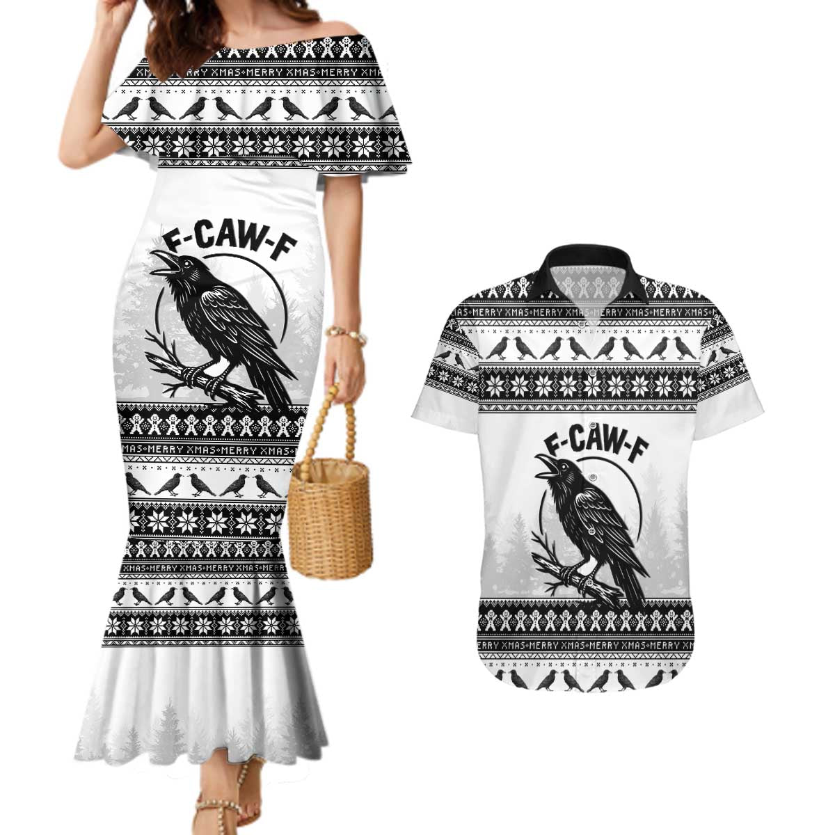 Funny Christmas F Caw F Raven Couples Matching Mermaid Dress and Hawaiian Shirt Merry Craw Mas - Wonder Print Shop