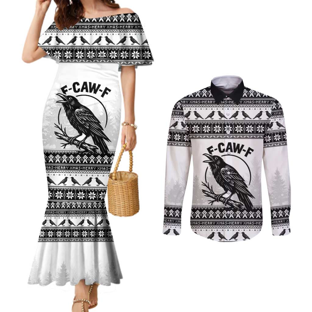 Funny Christmas F Caw F Raven Couples Matching Mermaid Dress and Long Sleeve Button Shirt Merry Craw Mas - Wonder Print Shop