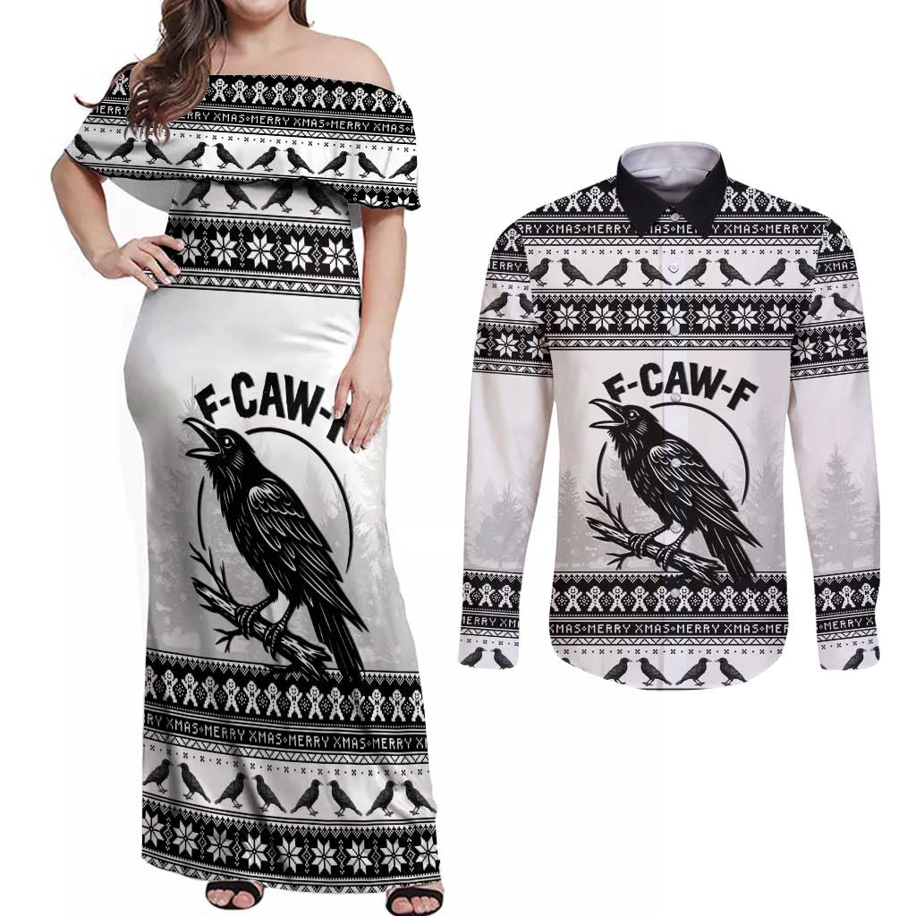 Funny Christmas F Caw F Raven Couples Matching Off Shoulder Maxi Dress and Long Sleeve Button Shirt Merry Craw Mas - Wonder Print Shop