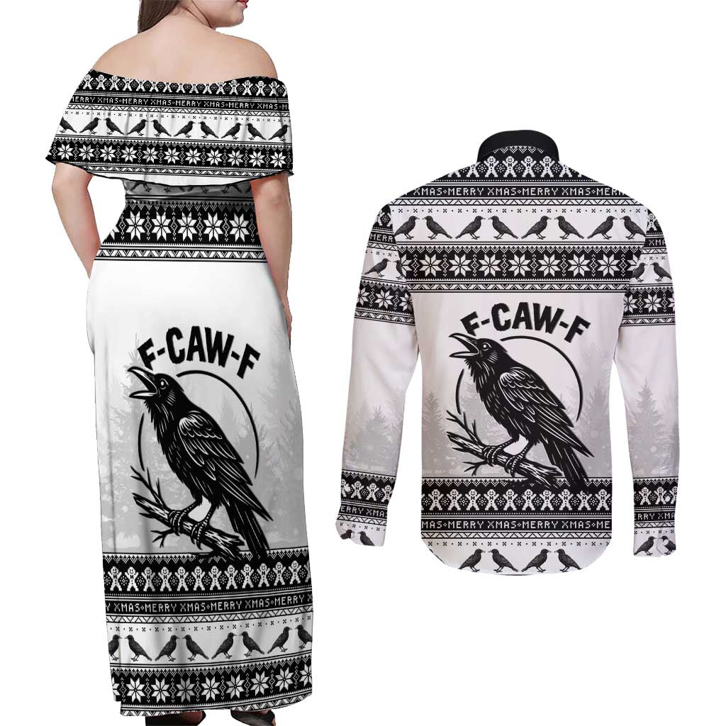 Funny Christmas F Caw F Raven Couples Matching Off Shoulder Maxi Dress and Long Sleeve Button Shirt Merry Craw Mas - Wonder Print Shop