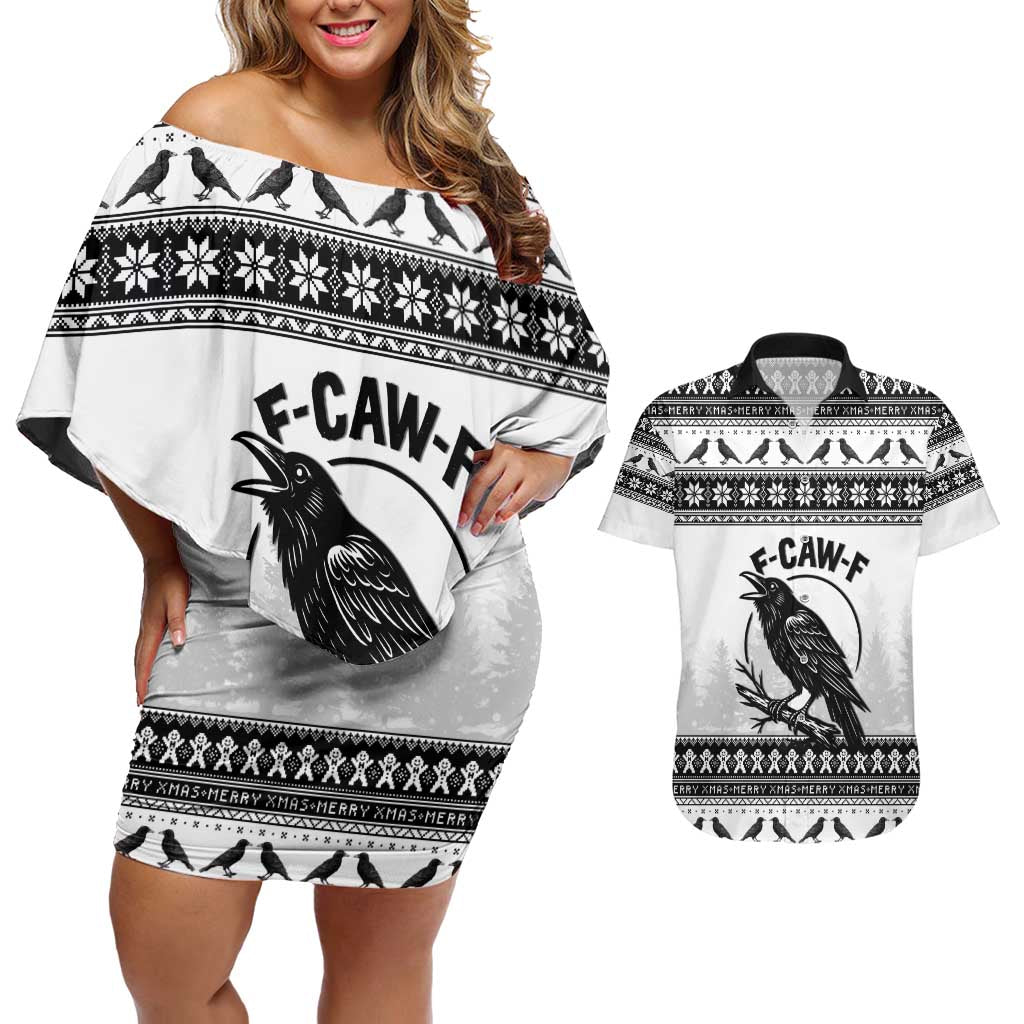 Funny Christmas F Caw F Raven Couples Matching Off Shoulder Short Dress and Hawaiian Shirt Merry Craw Mas - Wonder Print Shop