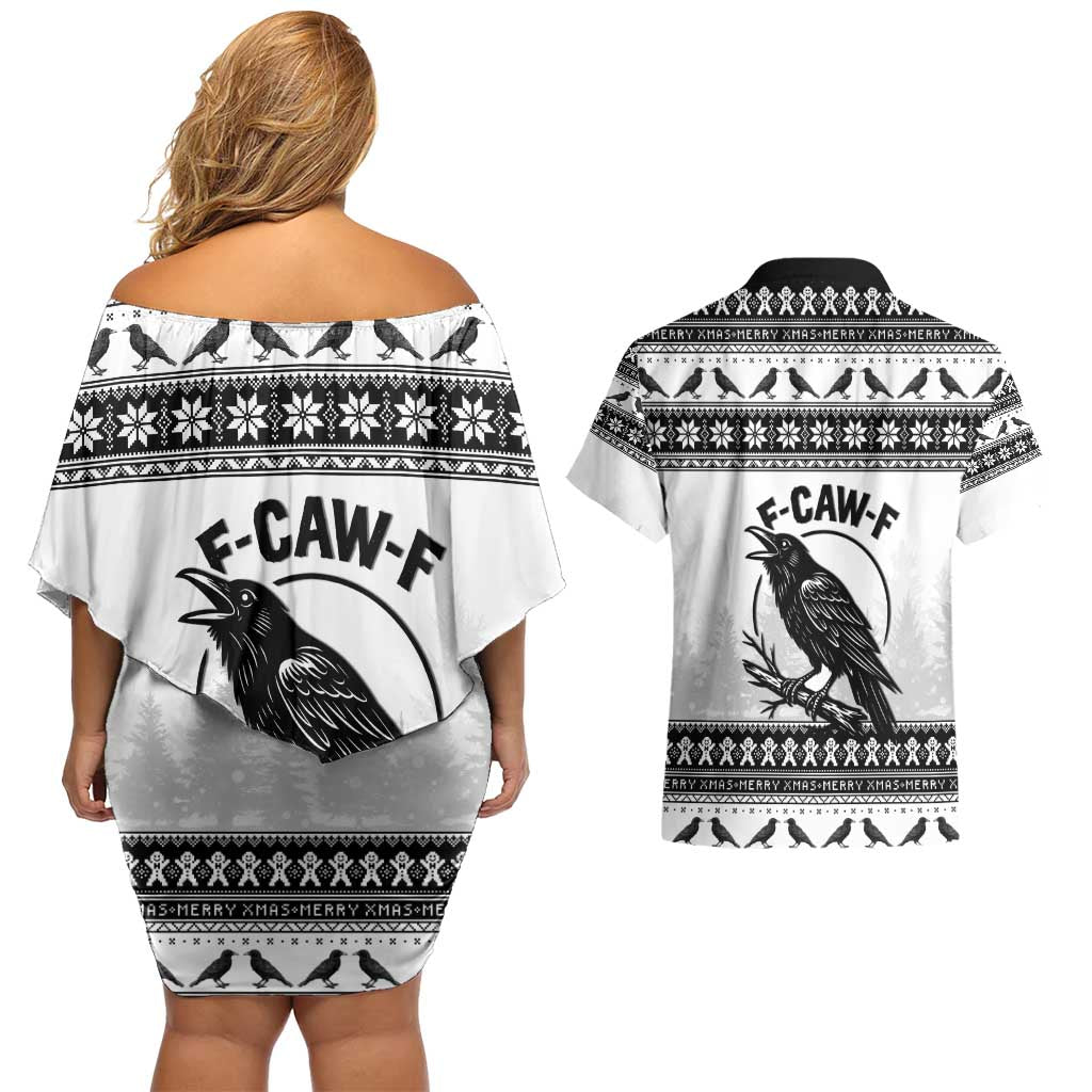 Funny Christmas F Caw F Raven Couples Matching Off Shoulder Short Dress and Hawaiian Shirt Merry Craw Mas - Wonder Print Shop