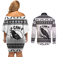 Funny Christmas F Caw F Raven Couples Matching Off Shoulder Short Dress and Long Sleeve Button Shirt Merry Craw Mas - Wonder Print Shop