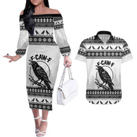 Funny Christmas F Caw F Raven Couples Matching Off The Shoulder Long Sleeve Dress and Hawaiian Shirt Merry Craw Mas - Wonder Print Shop